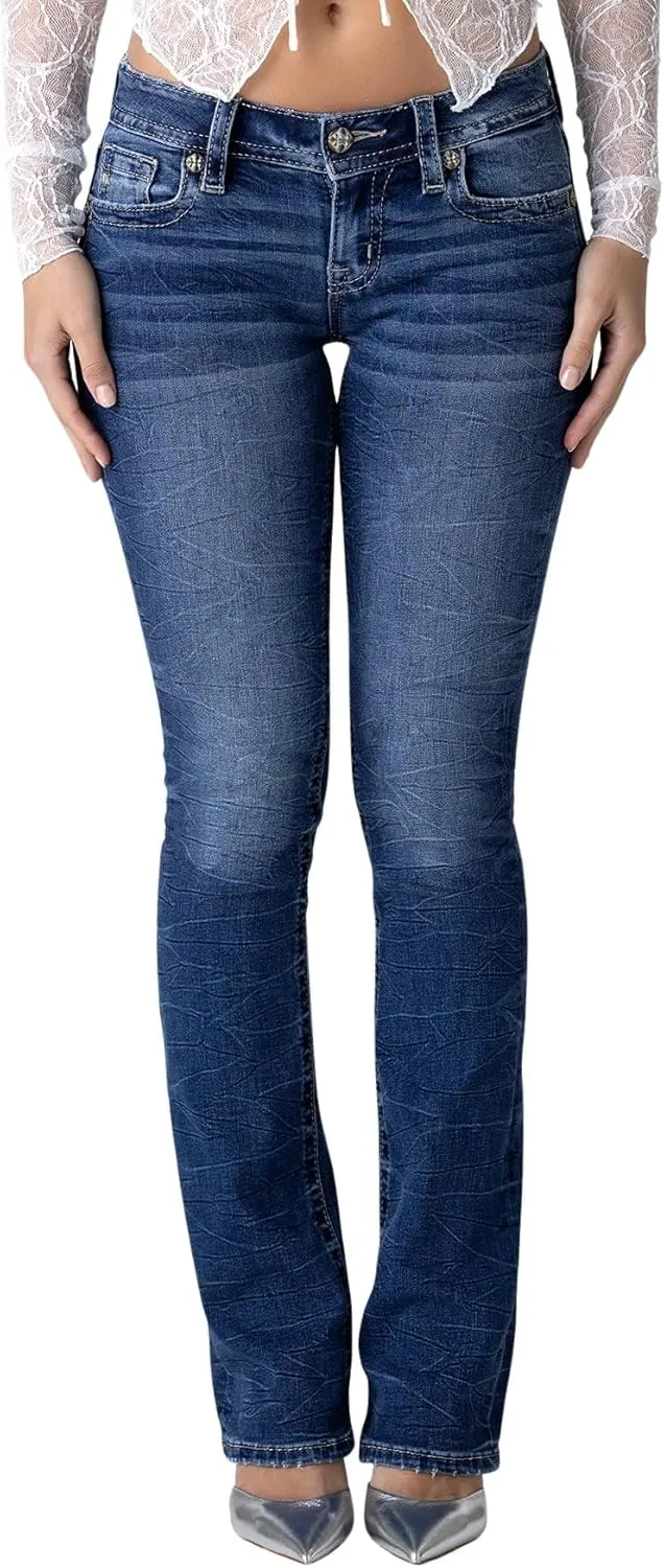 Miss Me Women's Frankie Wing Embellished Faux Flap Pockets Low-Rise Bootcut Jeans