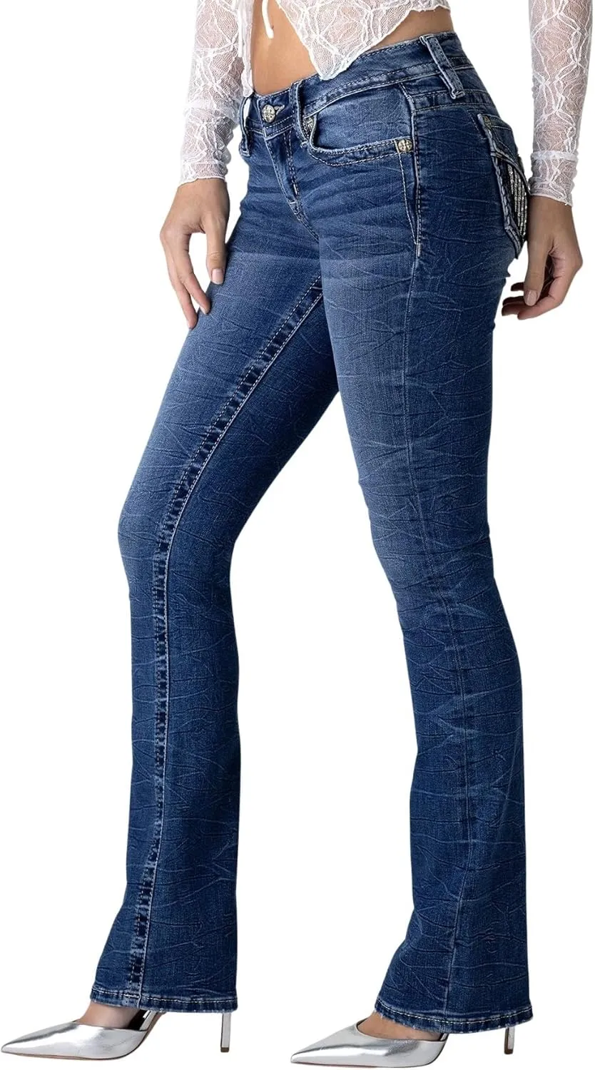 Miss Me Women's Frankie Wing Embellished Faux Flap Pockets Low-Rise Bootcut Jeans