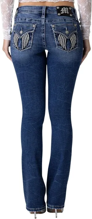Miss Me Women's Frankie Wing Embellished Faux Flap Pockets Low-Rise Bootcut Jeans