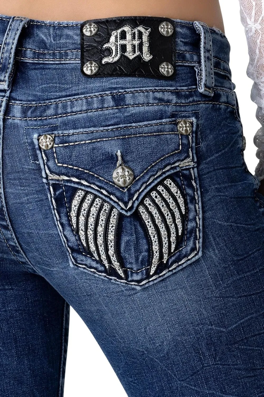 Miss Me Women's Frankie Wing Embellished Faux Flap Pockets Low-Rise Bootcut Jeans