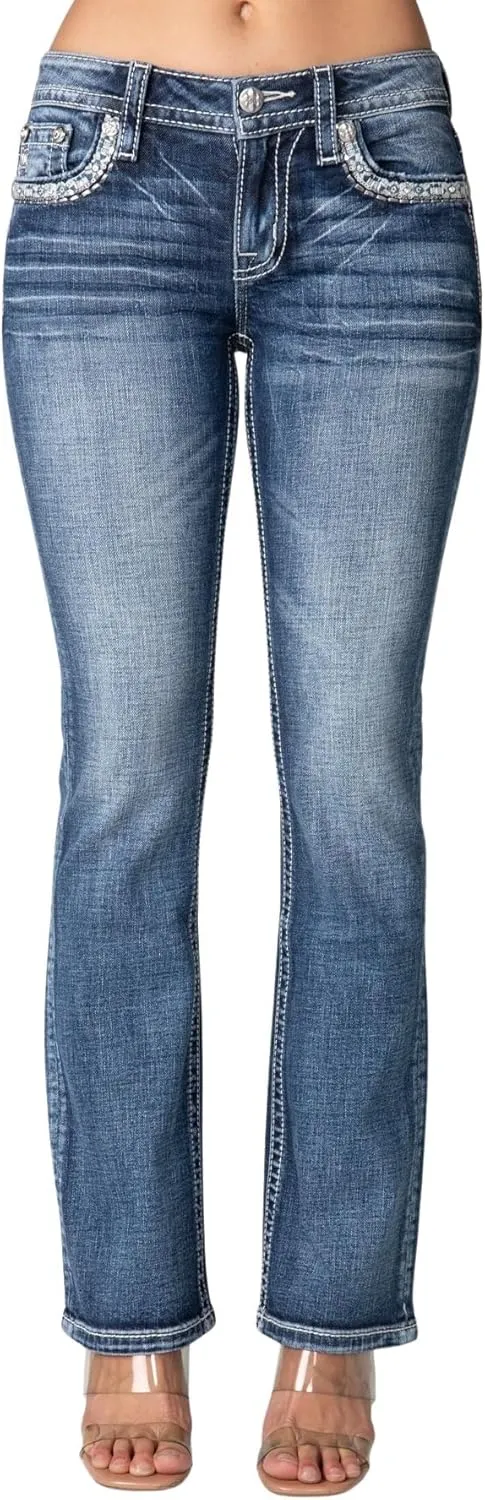 Miss Me Women's Winter Lace Faux Flap Pocket Mid-Rise Bootcut Jeans