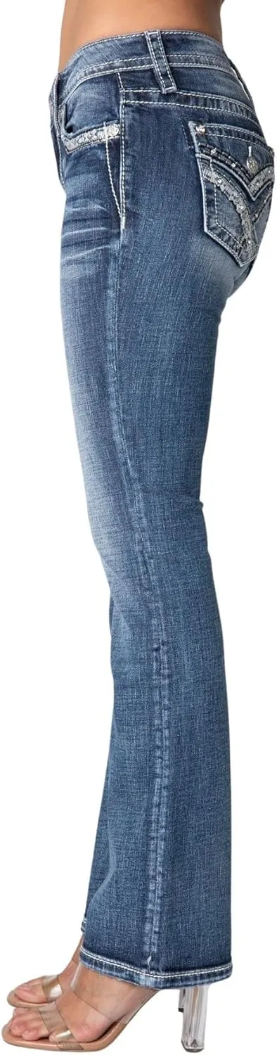 Miss Me Women's Winter Lace Faux Flap Pocket Mid-Rise Bootcut Jeans