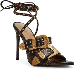 MissHeel Gold Belt Lace Up High Heels with Jewels Sexy Pointed Toe