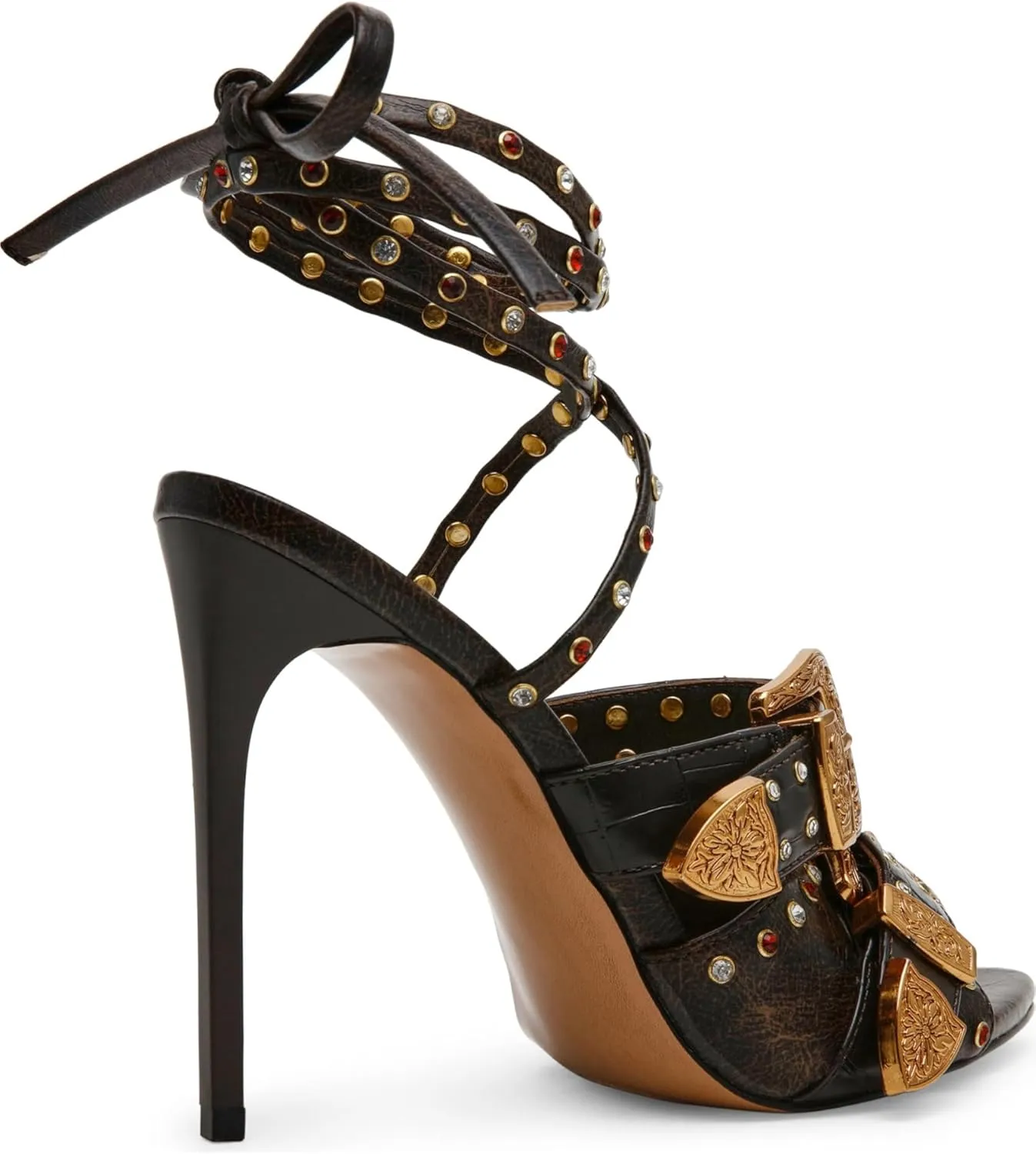 MissHeel Gold Belt Lace Up High Heels with Jewels Sexy Pointed Toe