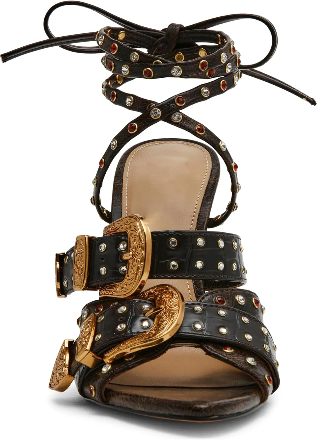 MissHeel Gold Belt Lace Up High Heels with Jewels Sexy Pointed Toe