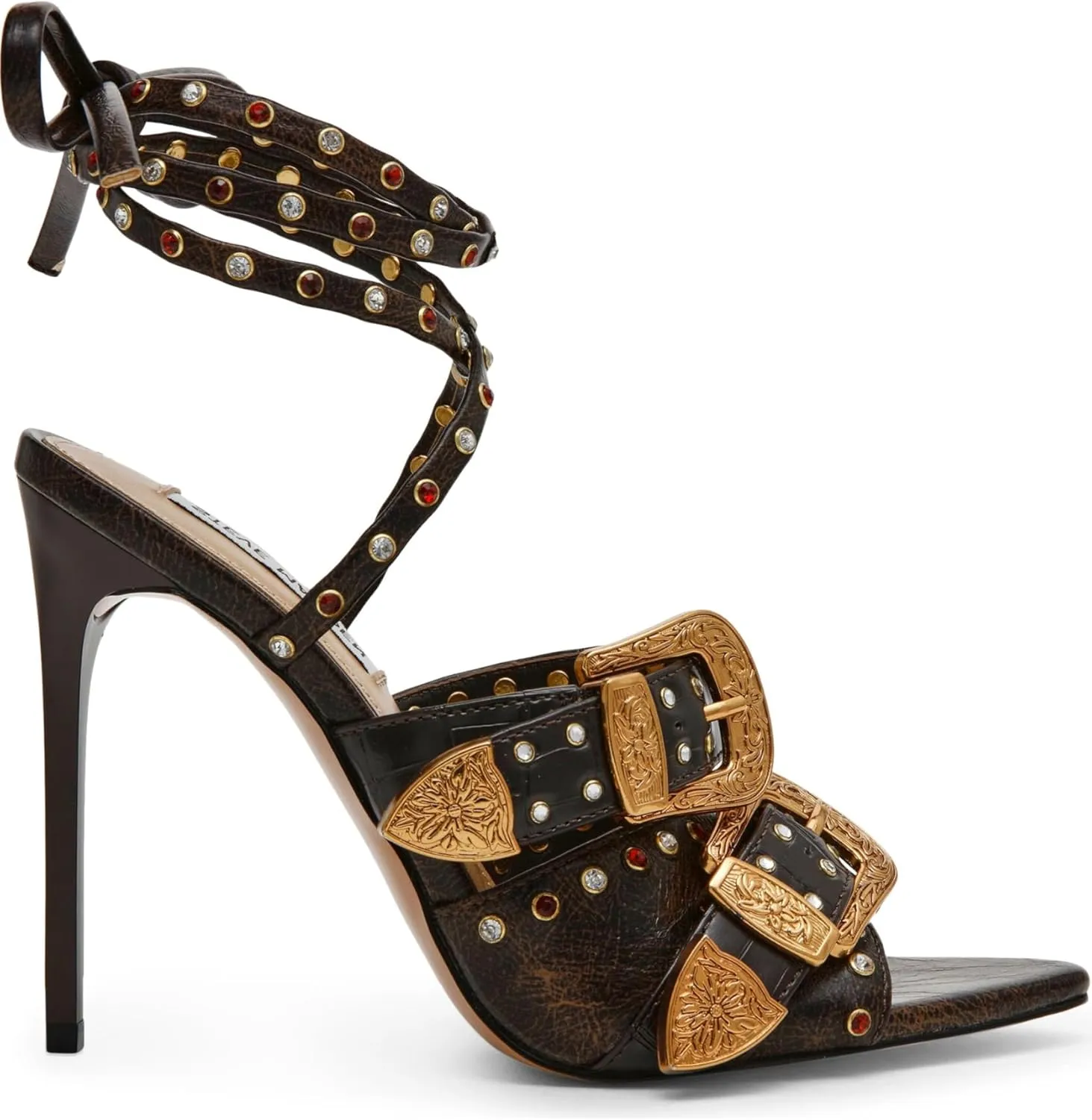 MissHeel Gold Belt Lace Up High Heels with Jewels Sexy Pointed Toe