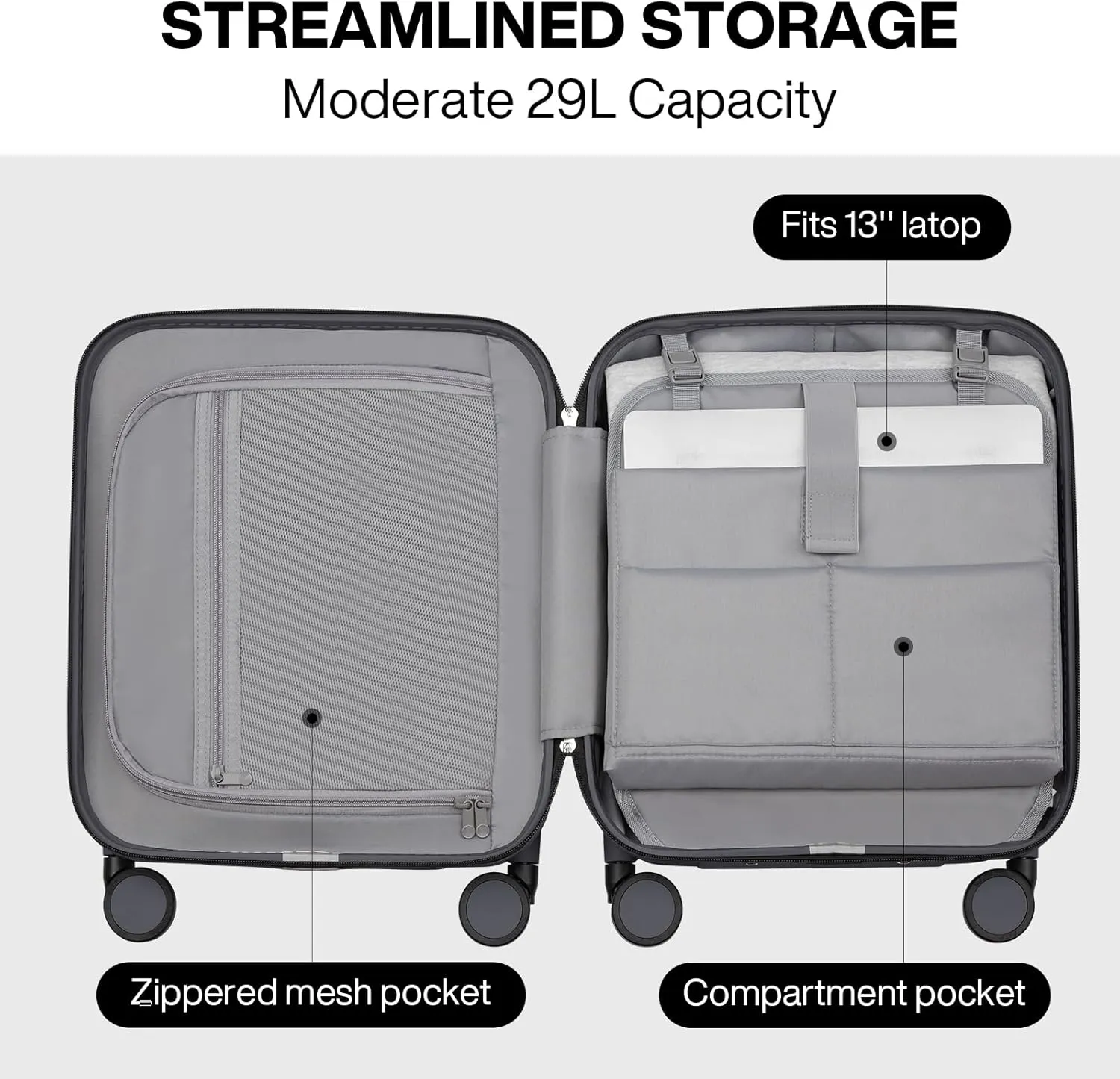 mixi Carry on Luggage 16 Inch Underseat Hardshell PC Suitcase with Spinner Wheels TSA Lock for Travel, Rock Grey