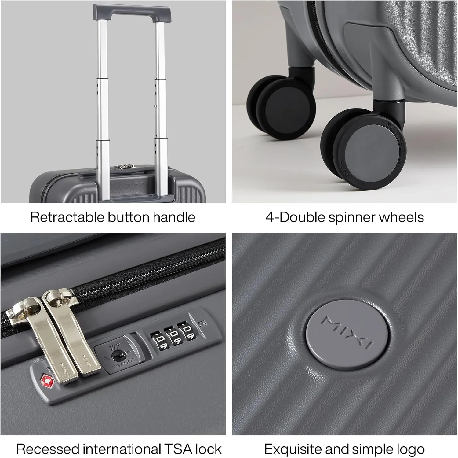mixi Carry on Luggage 16 Inch Underseat Hardshell PC Suitcase with Spinner Wheels TSA Lock for Travel, Rock Grey