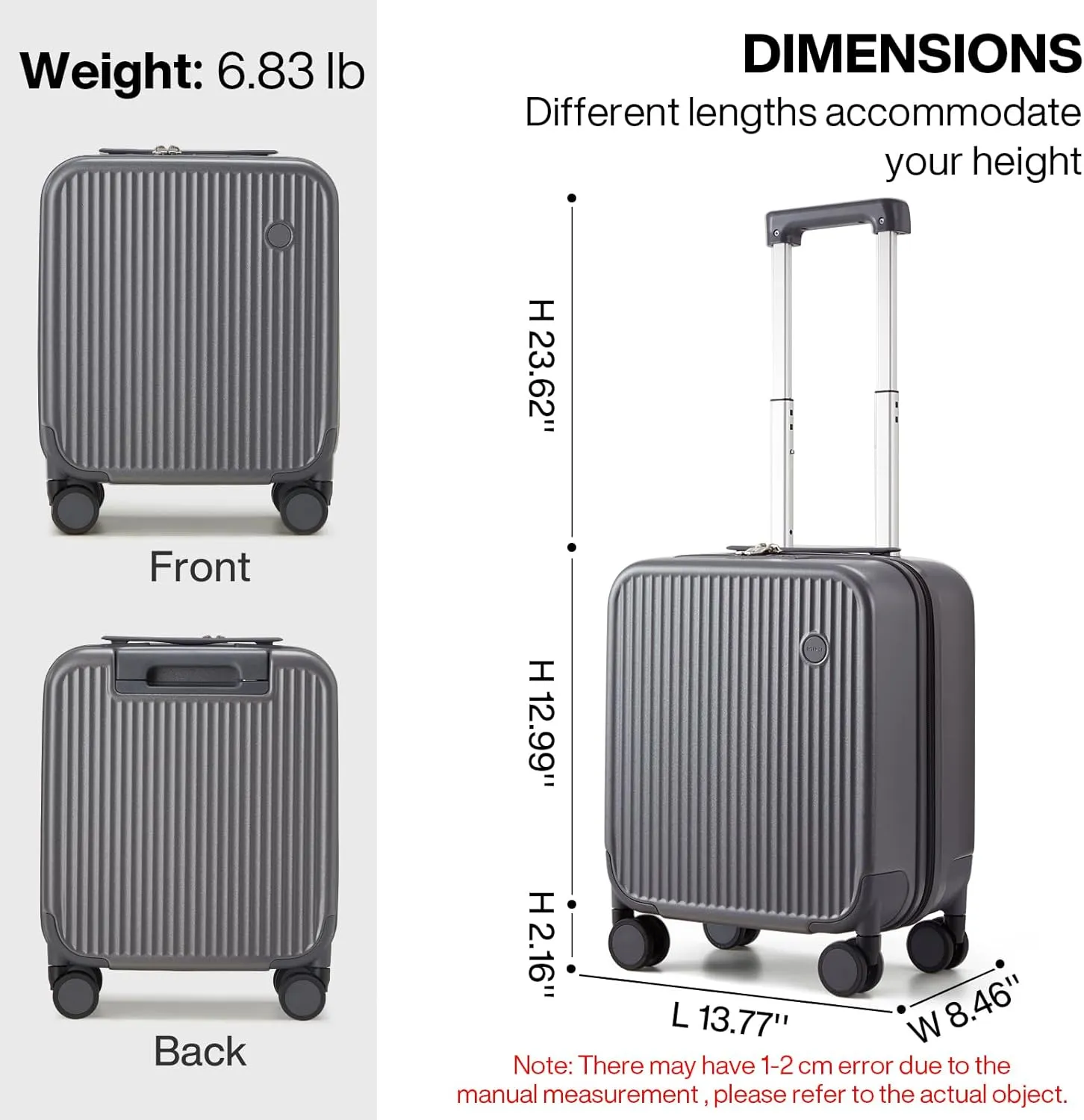 mixi Carry on Luggage 16 Inch Underseat Hardshell PC Suitcase with Spinner Wheels TSA Lock for Travel, Rock Grey