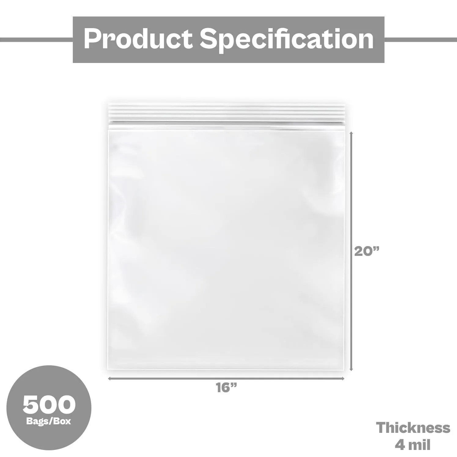 MMBM Resealable Poly Bag, 16x20 Inch, 500 Pack, 4 Mil, Clear, Lock Seal Zipper, Reclosable Zip Plastic Baggies