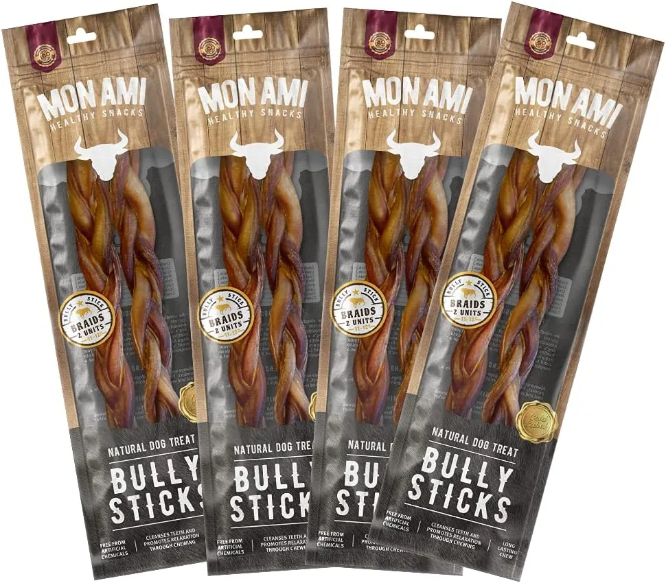 Mon Ami Braided Bully Sticks for Large and Small Dogs (11-12 inches, Pack of 8) - Made from Grass Fed Beef Dog Treats - Natural Bully Sticks - Grain Free & High Protein Dog Snack