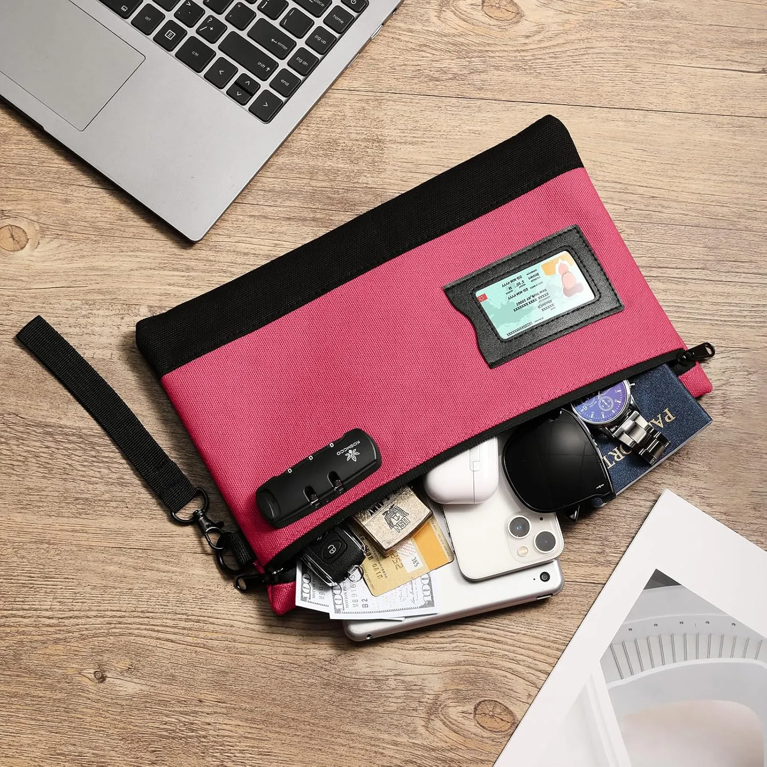 Money Bag with Lock, 11.8 x 7.9 Inches Durable Canvas Cash Pouch Bank Bag for Cash, Passports, Notary Supplies, Medicine, Valuable Storage, Rose Red