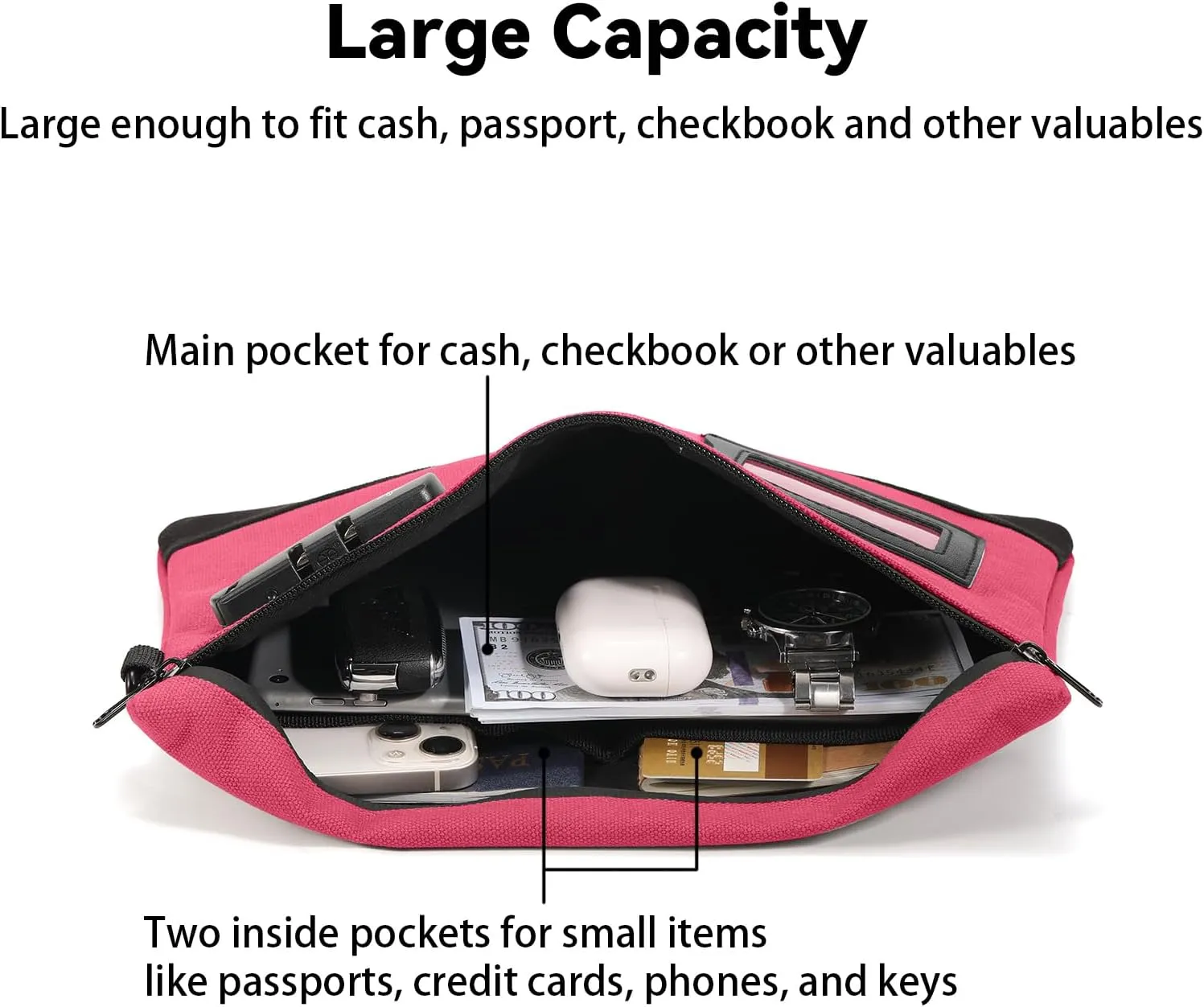Money Bag with Lock, 11.8 x 7.9 Inches Durable Canvas Cash Pouch Bank Bag for Cash, Passports, Notary Supplies, Medicine, Valuable Storage, Rose Red