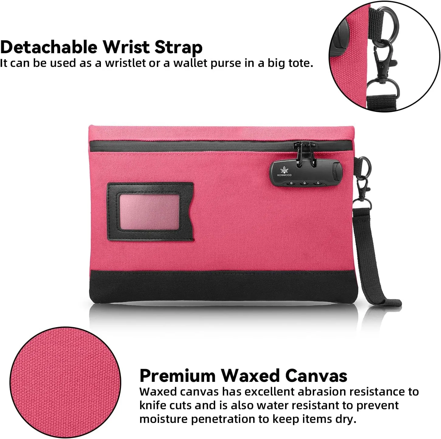 Money Bag with Lock, 11.8 x 7.9 Inches Durable Canvas Cash Pouch Bank Bag for Cash, Passports, Notary Supplies, Medicine, Valuable Storage, Rose Red