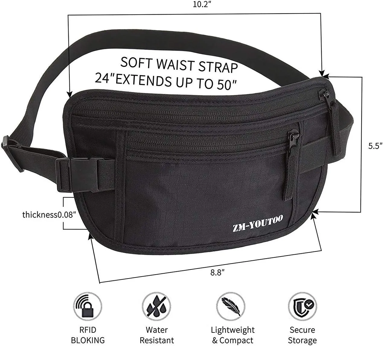 Money Belt for Travel - Hidden Travel Pouch Protect Your Credit and Money With RFID Blocking Passport Holder Waist Wallet (Black)