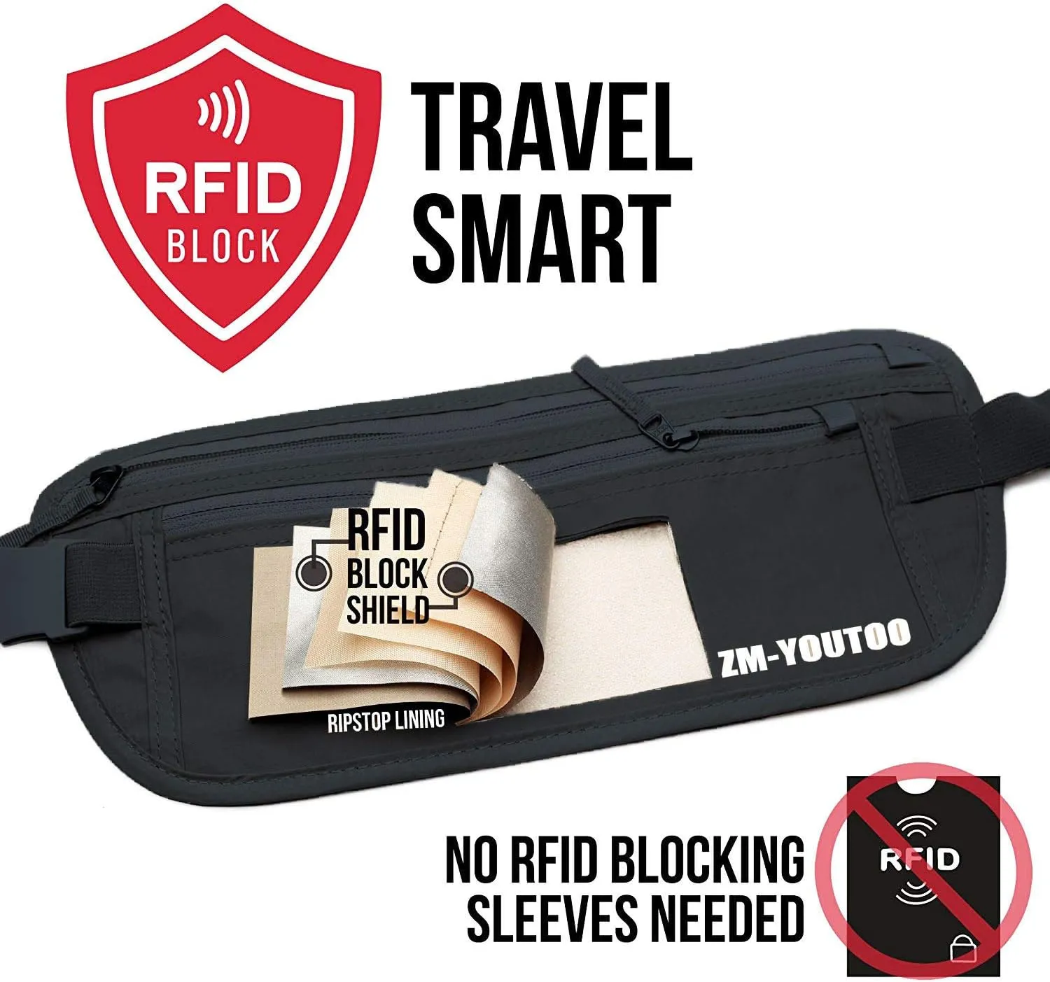 Money Belt for Travel - Hidden Travel Pouch Protect Your Credit and Money With RFID Blocking Passport Holder Waist Wallet (Black)
