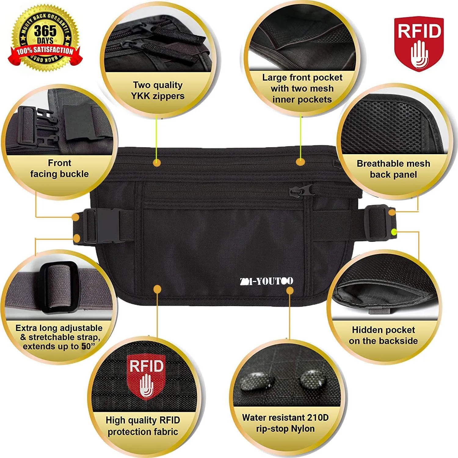 Money Belt for Travel - Hidden Travel Pouch Protect Your Credit and Money With RFID Blocking Passport Holder Waist Wallet (Black)