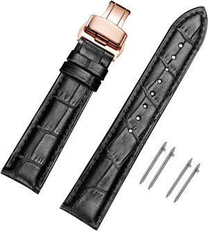 Moran Quick Release Leather Watch Bands Deployment Butterfly Buckle 18mm 20mm 22mm 24mm Blue Black Brown Calfskin Replacement Watch Strap for Men & Women