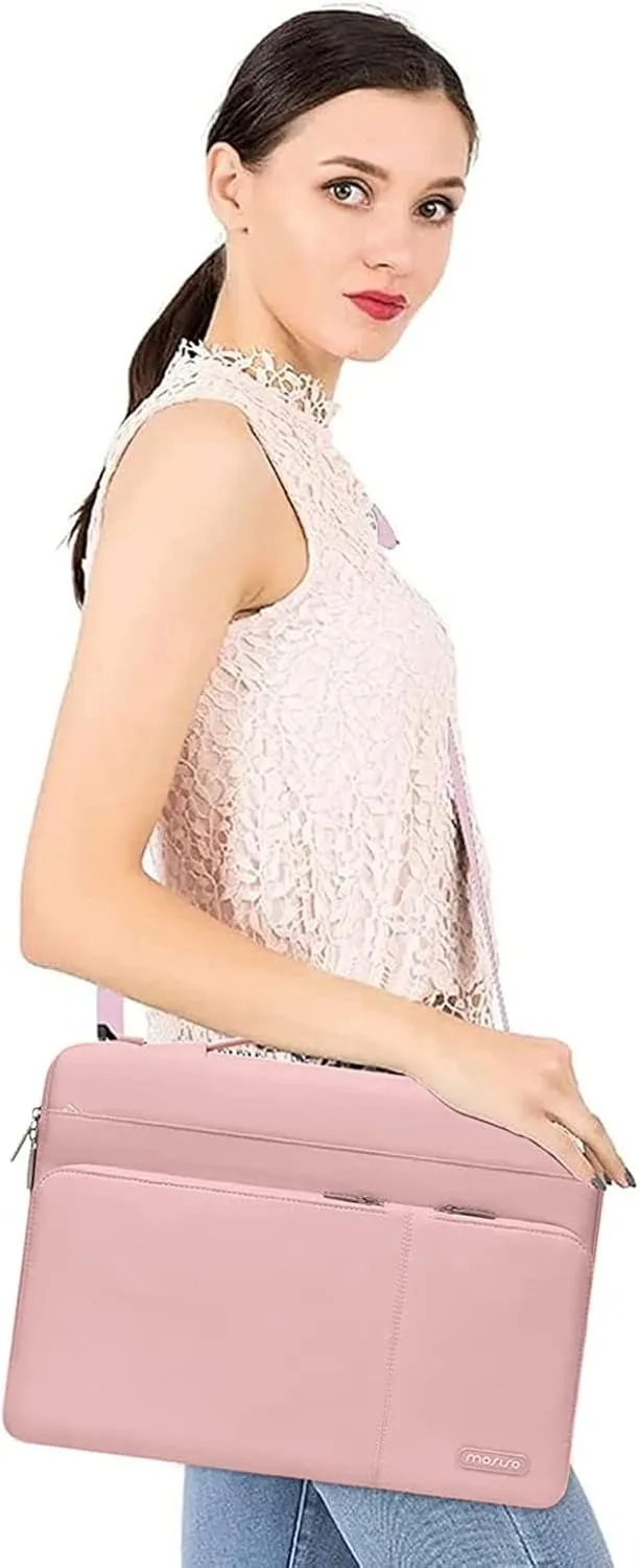 MOSISO 360 Protective Laptop Shoulder Bag Compatible with MacBook Air/Pro,13-13.3 inch Notebook,Compatible with MacBook Pro 14 inch 2023-2021,Side Open Sleeve with 3 Front Pockets&PU Handle&Belt, Pink