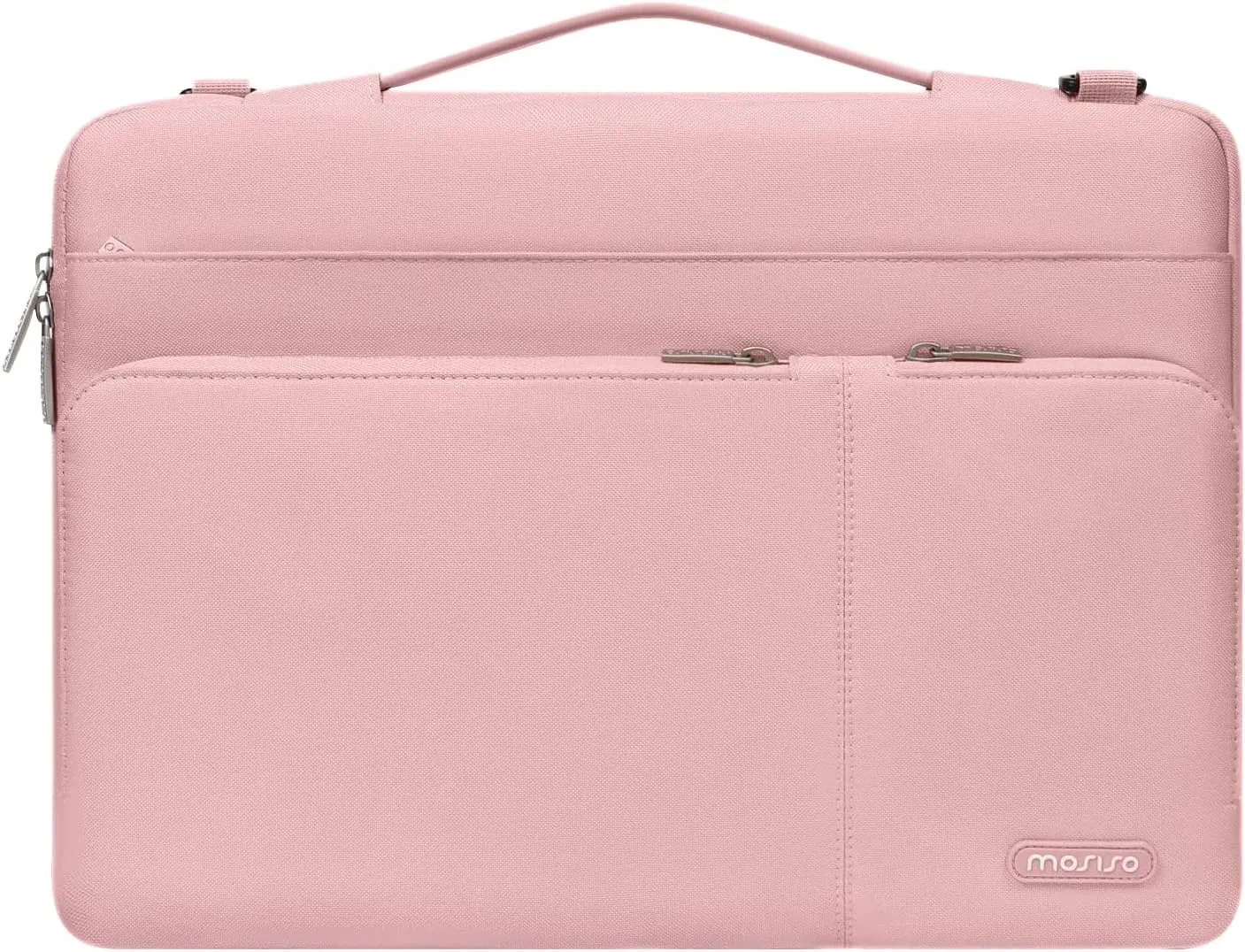 MOSISO 360 Protective Laptop Shoulder Bag Compatible with MacBook Air/Pro,13-13.3 inch Notebook,Compatible with MacBook Pro 14 inch 2023-2021,Side Open Sleeve with 3 Front Pockets&PU Handle&Belt, Pink