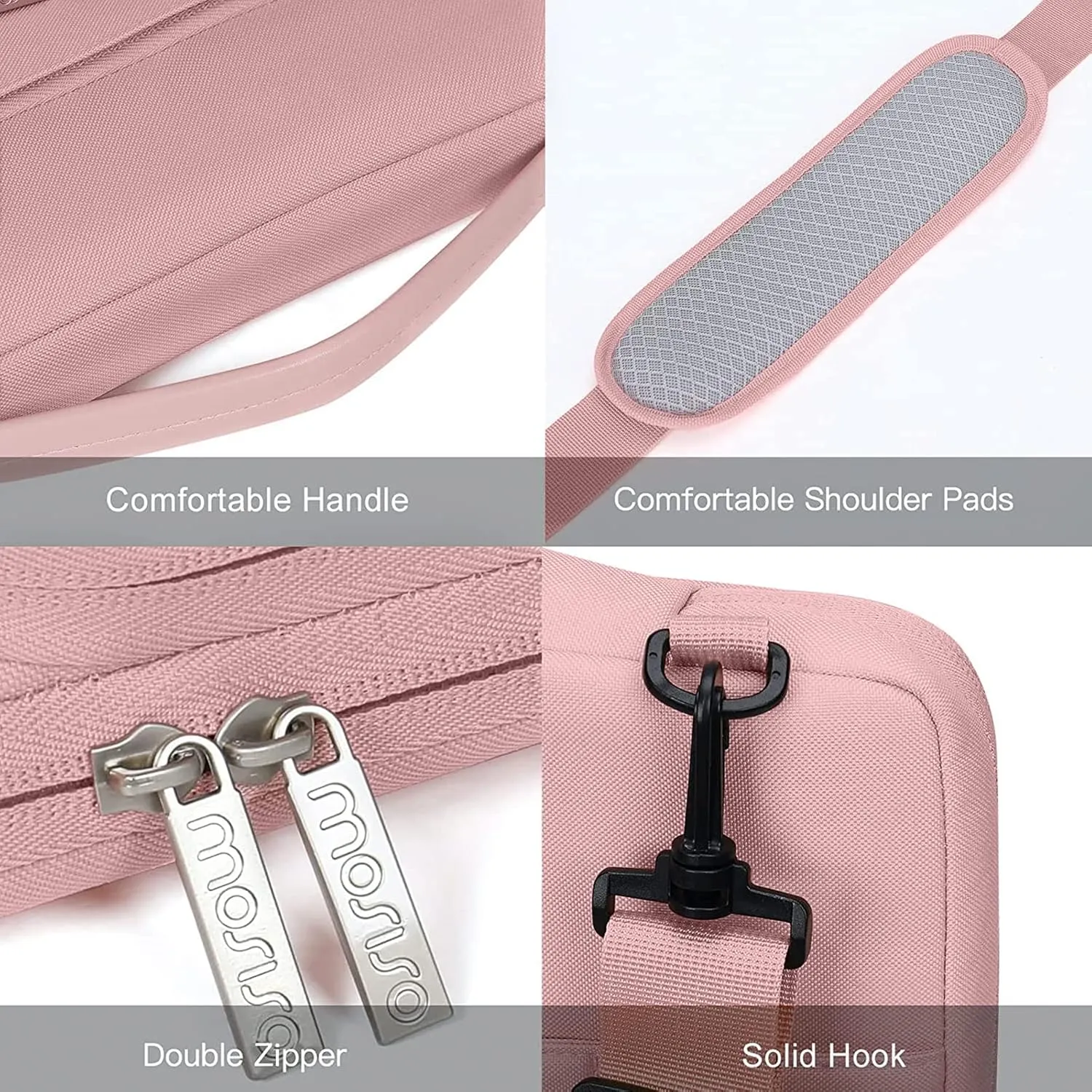 MOSISO 360 Protective Laptop Shoulder Bag Compatible with MacBook Air/Pro,13-13.3 inch Notebook,Compatible with MacBook Pro 14 inch 2023-2021,Side Open Sleeve with 3 Front Pockets&PU Handle&Belt, Pink