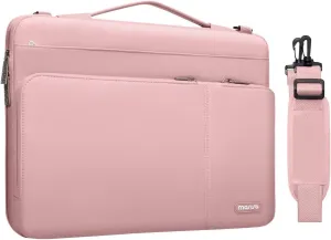 MOSISO 360 Protective Laptop Shoulder Bag Compatible with MacBook Air/Pro,13-13.3 inch Notebook,Compatible with MacBook Pro 14 inch 2023-2021,Side Open Sleeve with 3 Front Pockets&PU Handle&Belt, Pink