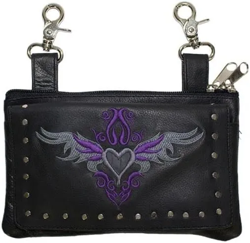 Motorcycle Womens Adjustable Strap Hip Leather Purse wtith Lobster Claw Different Desings (Gray/Purple Heart and Studs)