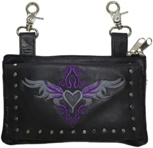 Motorcycle Womens Adjustable Strap Hip Leather Purse wtith Lobster Claw Different Desings (Gray/Purple Heart and Studs)