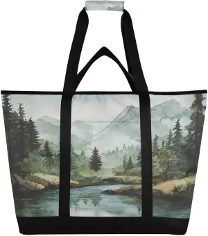 Mountains Streams Reusable Insulated Lunchbox Cooler Bag, Leakproof Kitchen Grocery Bag Collapsible Portable Cooler Tote Bag for Picnic, Camping, Office, Travel