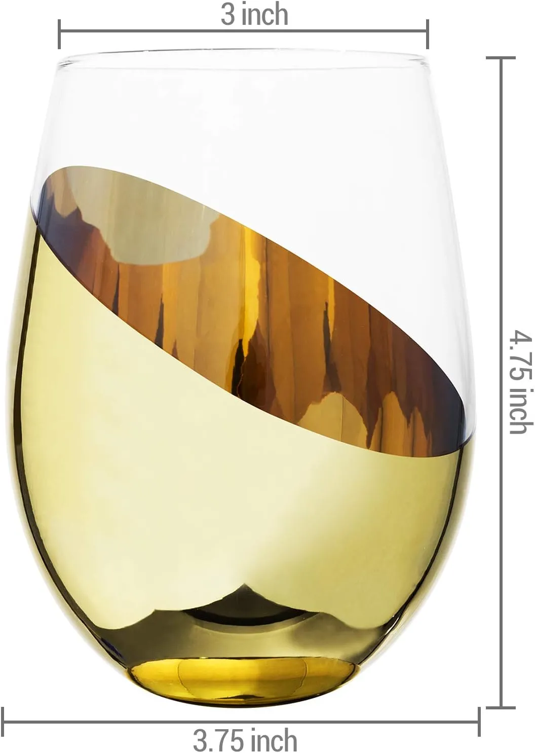 MyGift Modern Stemless Wine Glass Set of 6, White or Red Wine Glasses with Brass Metallic Bottom Angled Design