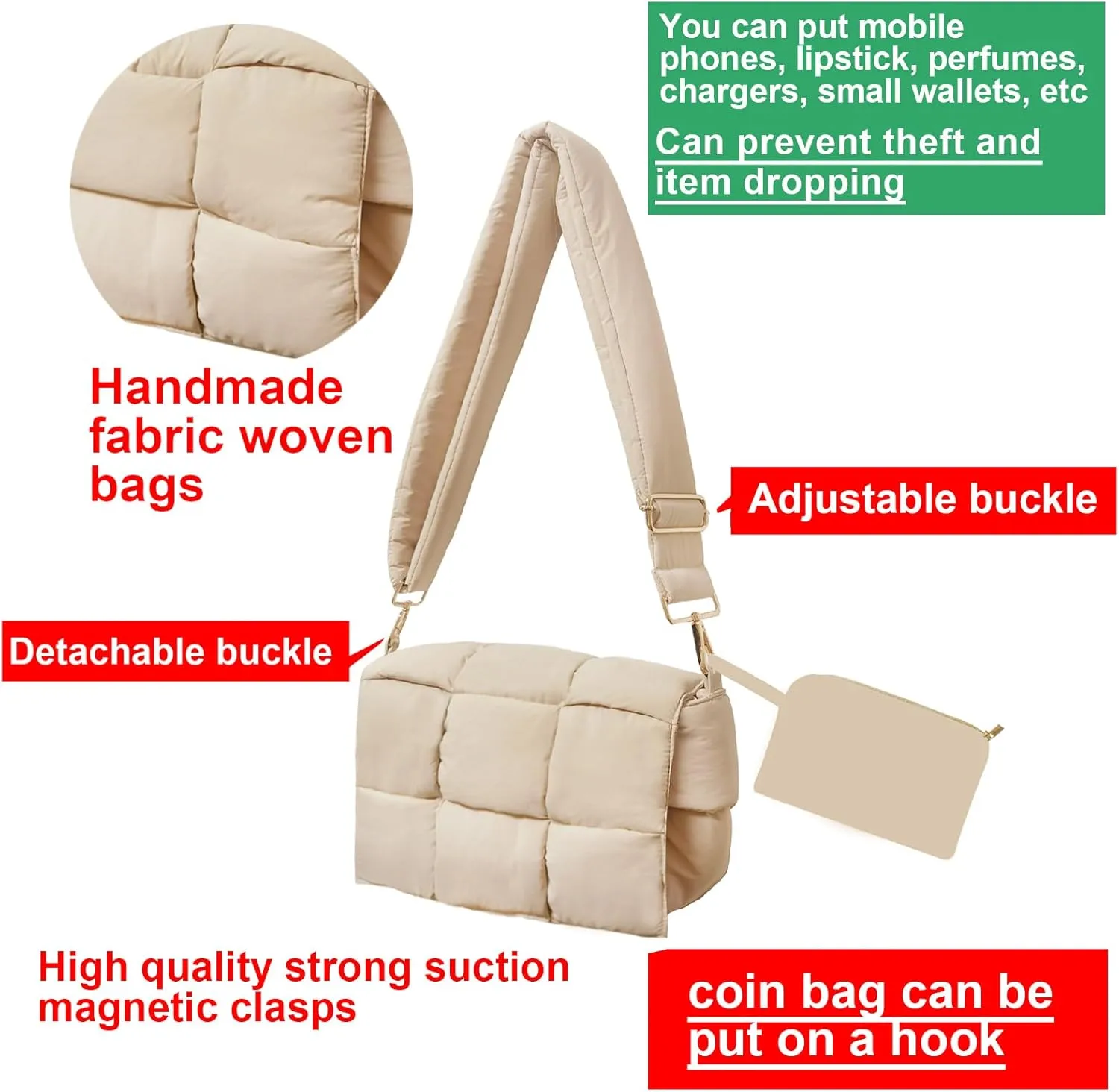 NAARIIAN Puffer Crossbody Bag for Women, Lightweight Puffy Shoulder Bags with Adjustable Strap,Quilted Woven Purse Hobo Bag