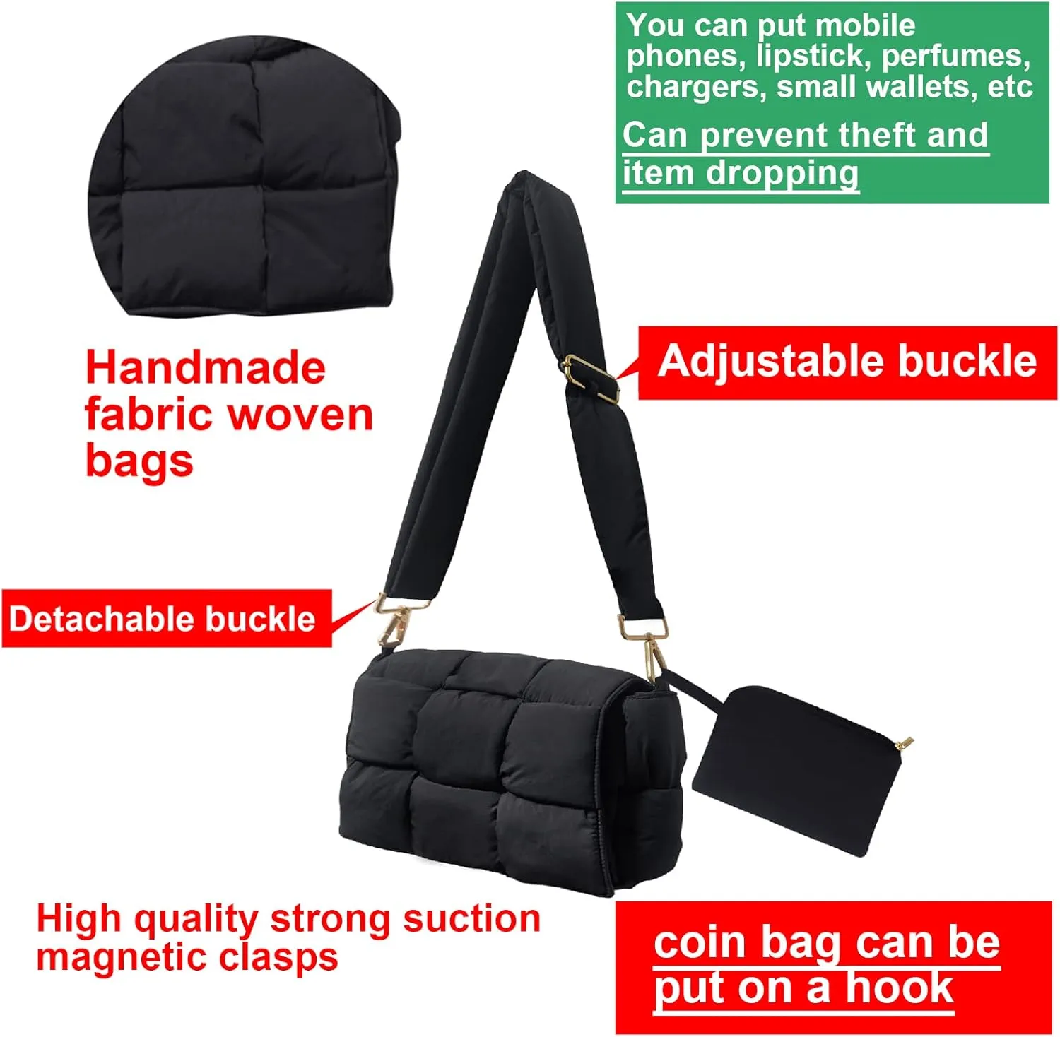 NAARIIAN Puffer Crossbody Bag for Women, Lightweight Puffy Shoulder Bags with Adjustable Strap,Quilted Woven Purse Hobo Bag