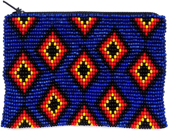 Native American Inspired Multi Diamond Pattern Czech Glass Seed Beaded Coin Purse Zipper Pouch - Womens Fashion Handmade Bags Tribal Accessories (Blue)