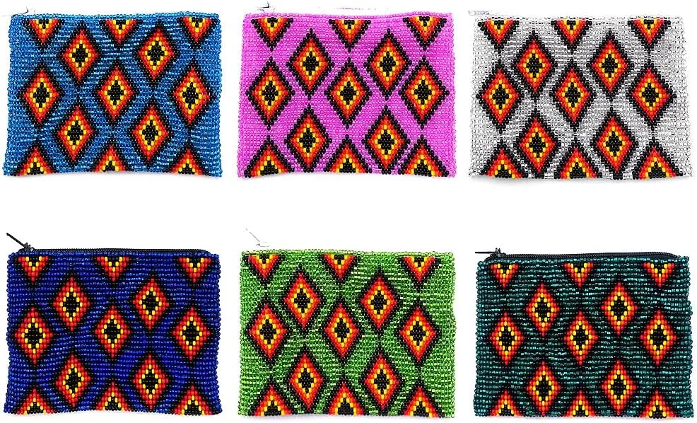 Native American Inspired Multi Diamond Pattern Czech Glass Seed Beaded Coin Purse Zipper Pouch - Womens Fashion Handmade Bags Tribal Accessories (Blue)