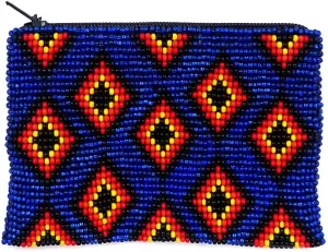 Native American Inspired Multi Diamond Pattern Czech Glass Seed Beaded Coin Purse Zipper Pouch - Womens Fashion Handmade Bags Tribal Accessories (Blue)