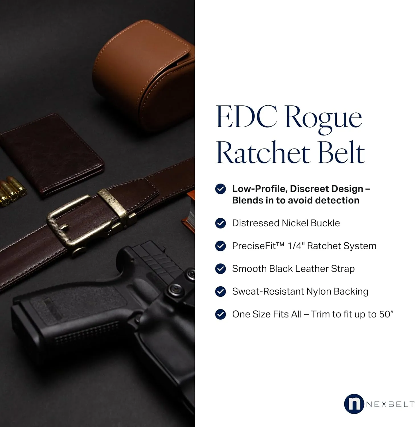 Nexbelt Rogue EDC Tactical Leather Belt – 1.5" Strap, Nylon Backing, Distressed Nickel Buckle – Discreet Stylish CCW Belt