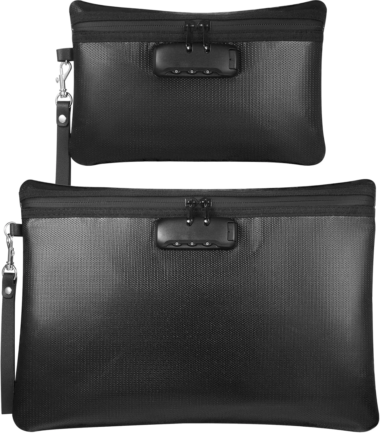 Nezyo Fireproof Safe Money Document Bag with Lock 2 Pcs Notary Journal Waterproof Bag with Zipper for A4 Storage Pouch File Passport Tablet, 14 x 10 Inch and 6.7 x 10 Inch(Black,Horizontal)