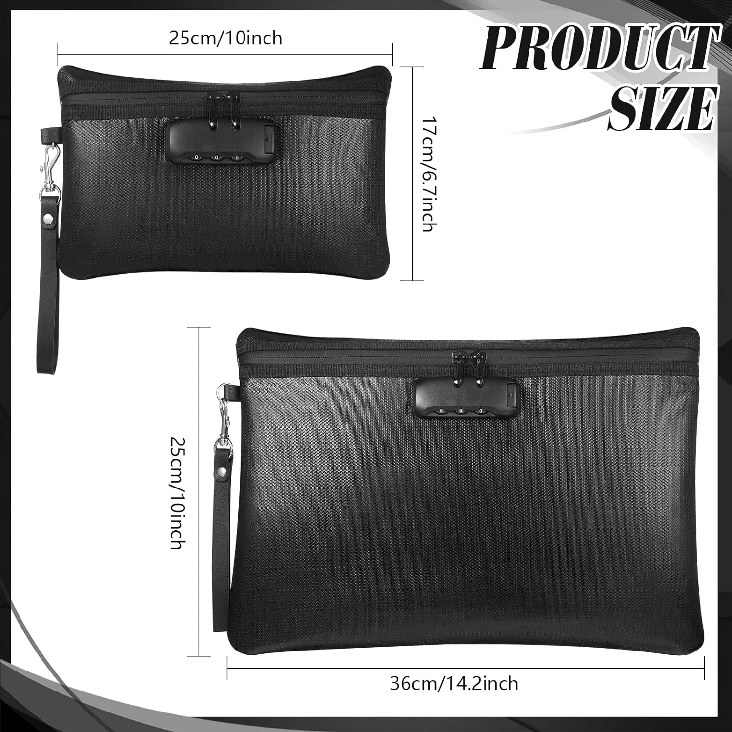 Nezyo Fireproof Safe Money Document Bag with Lock 2 Pcs Notary Journal Waterproof Bag with Zipper for A4 Storage Pouch File Passport Tablet, 14 x 10 Inch and 6.7 x 10 Inch(Black,Horizontal)