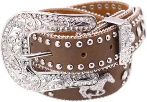 Nocona Girl's Running Horse Conchos Belt, Medium Brown Distressed, 18