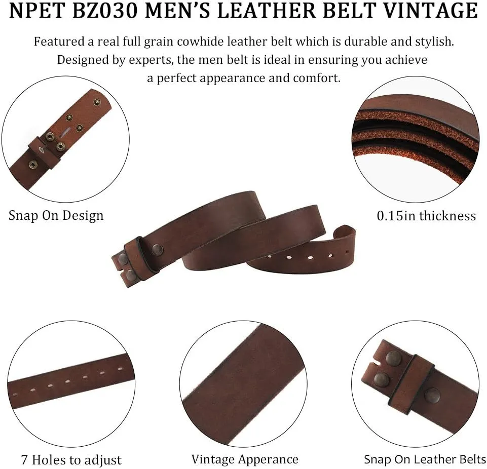NPET Men's Full Grain Leather Belt Vintage Distressed Style with Snap-On Strap 1 1/2" Wide without Buckle