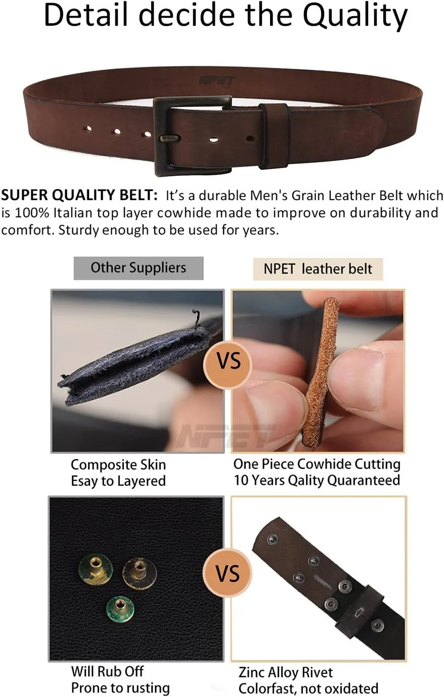 NPET Men's Full Grain Leather Belt Vintage Distressed Style with Snap-On Strap 1 1/2" Wide without Buckle