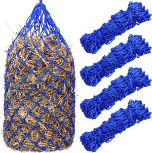 Nuenen 4 Pcs Slow Feed Hay Bag 40 Inch Hay Nets for Horses Hanging Hay Feeder for Goats 2 x 2 Inch Mesh Holes Horse Hay Bag Horse Feeding Supplies for Trailer and Stall, Simulates Grazing (Blue)