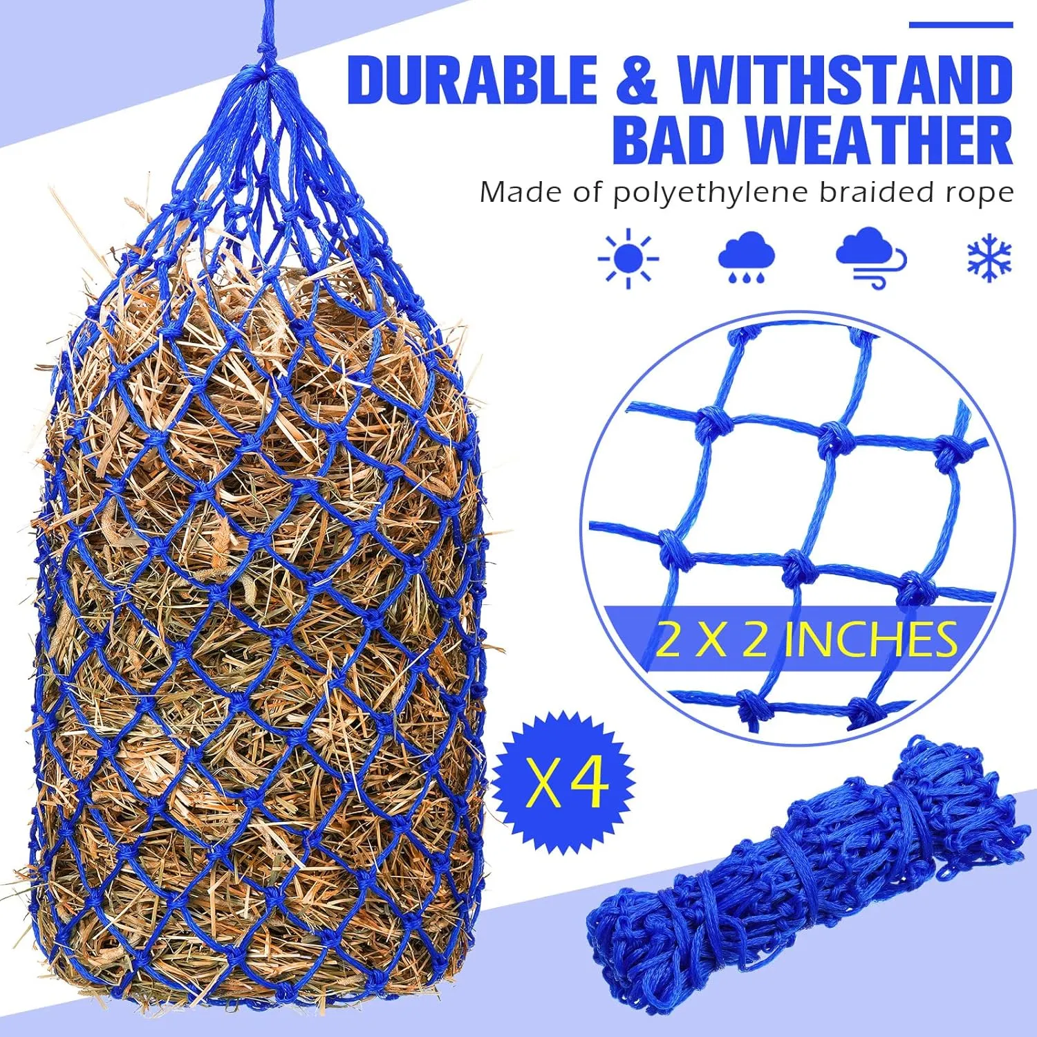 Nuenen 4 Pcs Slow Feed Hay Bag 40 Inch Hay Nets for Horses Hanging Hay Feeder for Goats 2 x 2 Inch Mesh Holes Horse Hay Bag Horse Feeding Supplies for Trailer and Stall, Simulates Grazing (Blue)