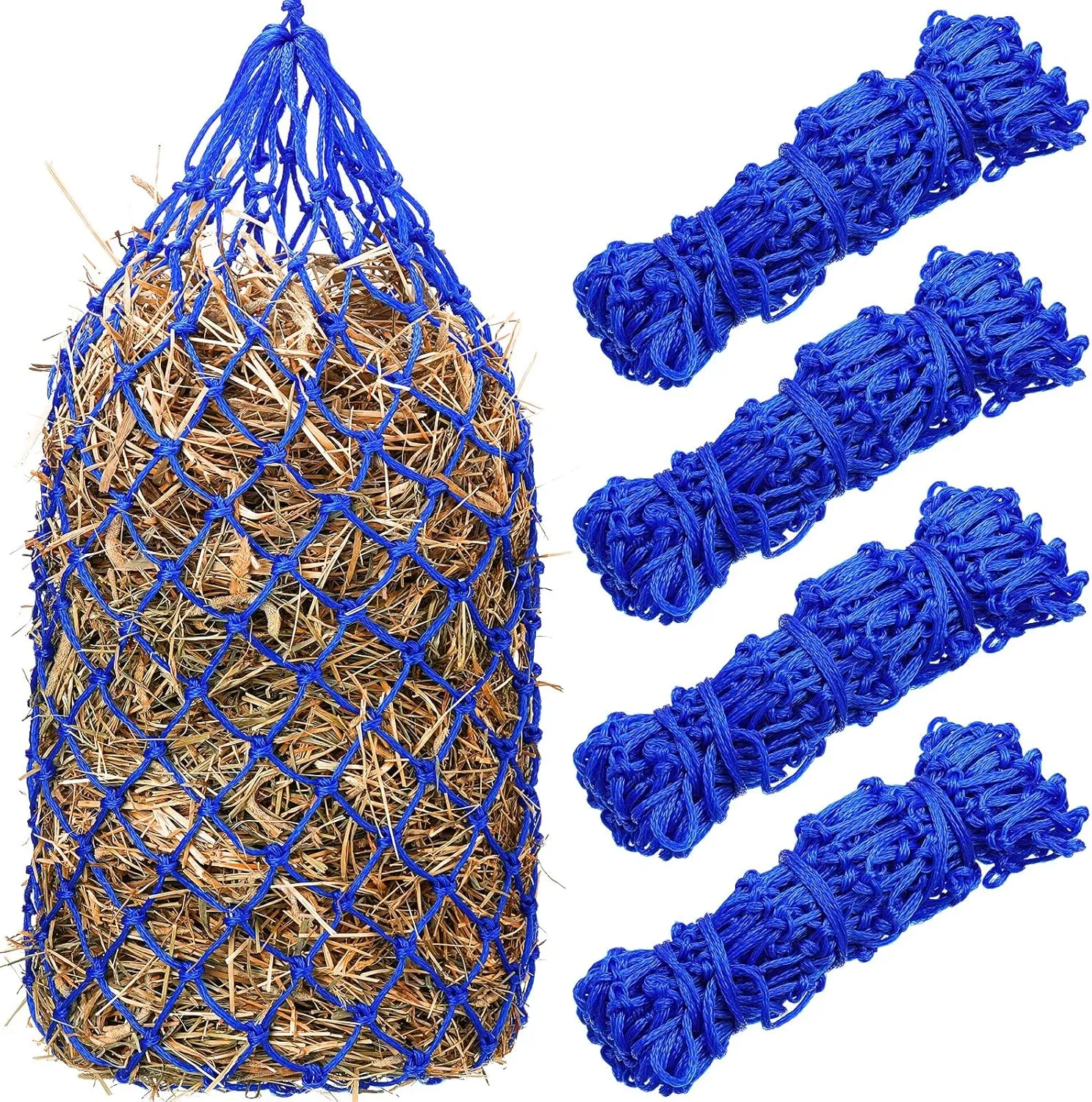Nuenen 4 Pcs Slow Feed Hay Bag 40 Inch Hay Nets for Horses Hanging Hay Feeder for Goats 2 x 2 Inch Mesh Holes Horse Hay Bag Horse Feeding Supplies for Trailer and Stall, Simulates Grazing (Blue)