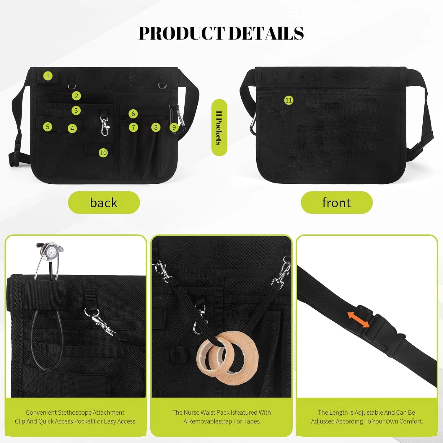 Nurse Fanny Pack with Stethoscope Holder - Nursing Fanny Pack for Nurses, Nurse Pocket Organizer, Medical Bags for Nurses, Utility Belt for Work, Teacher Tool Belt (Black)