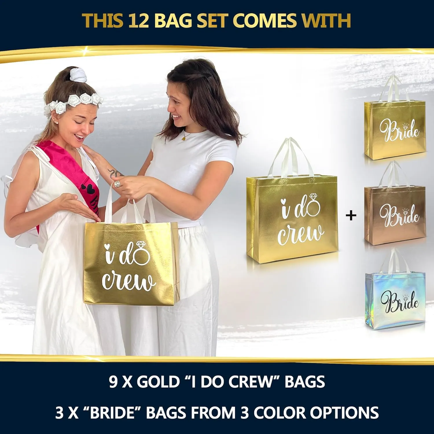 Nush Nush Set of 12 Reusable Gold Bridesmaids Gift Bags In Bulk With 3 x Bride and 9 x I Do Crew Bags - Wedding Favors, Bachelorette Party, Bridesmaid Gifts, Bridal Shower - 11" x 5" x 13" Size