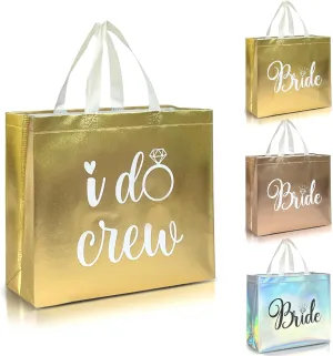 Nush Nush Set of 12 Reusable Gold Bridesmaids Gift Bags In Bulk With 3 x Bride and 9 x I Do Crew Bags - Wedding Favors, Bachelorette Party, Bridesmaid Gifts, Bridal Shower - 11" x 5" x 13" Size