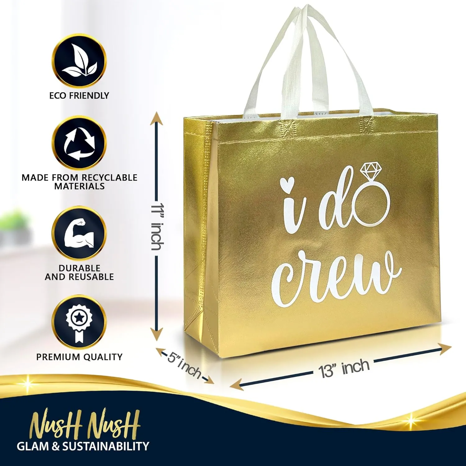 Nush Nush Set of 12 Reusable Gold Bridesmaids Gift Bags In Bulk With 3 x Bride and 9 x I Do Crew Bags - Wedding Favors, Bachelorette Party, Bridesmaid Gifts, Bridal Shower - 11" x 5" x 13" Size
