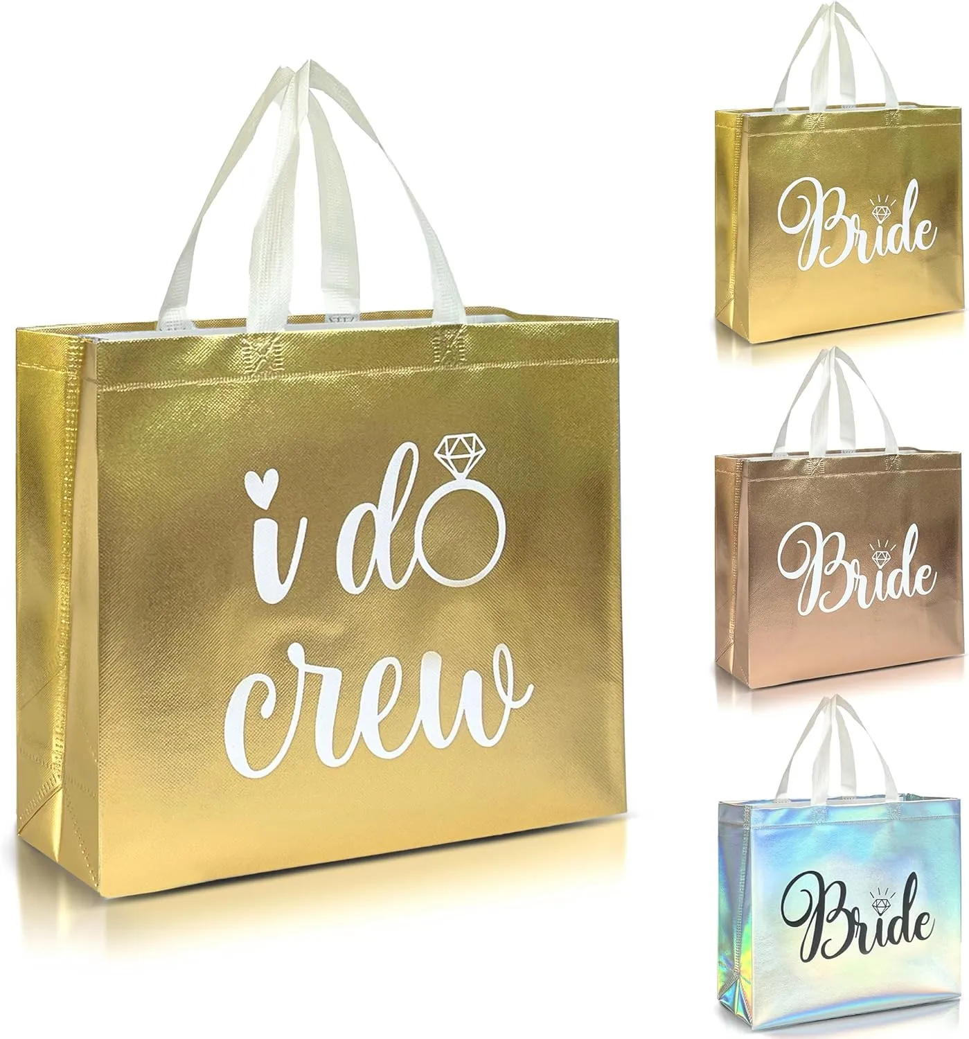 Nush Nush Set of 12 Reusable Gold Bridesmaids Gift Bags In Bulk With 3 x Bride and 9 x I Do Crew Bags - Wedding Favors, Bachelorette Party, Bridesmaid Gifts, Bridal Shower - 11" x 5" x 13" Size