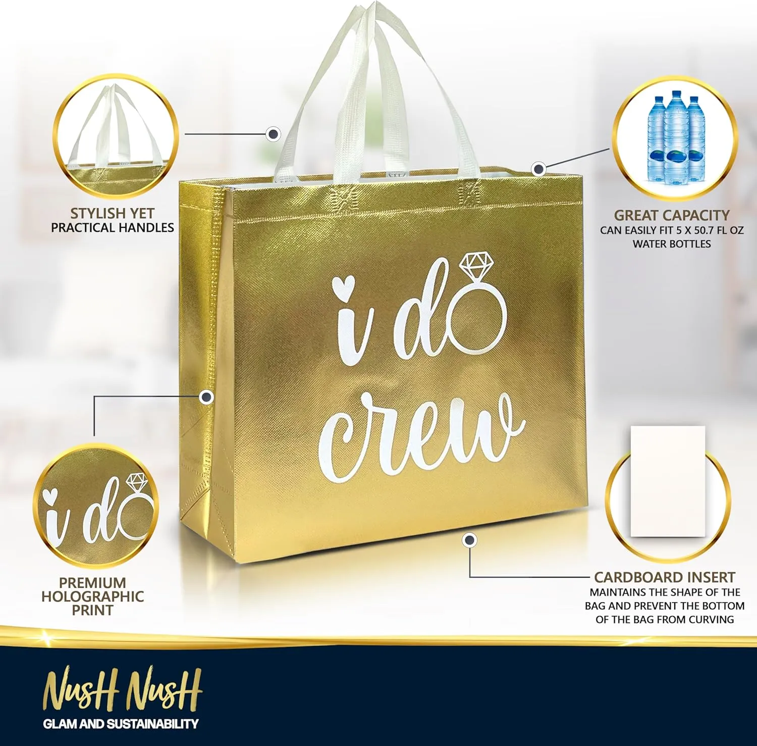 Nush Nush Set of 12 Reusable Gold Bridesmaids Gift Bags In Bulk With 3 x Bride and 9 x I Do Crew Bags - Wedding Favors, Bachelorette Party, Bridesmaid Gifts, Bridal Shower - 11" x 5" x 13" Size